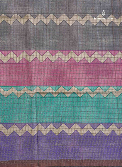 Semi Tussar Saree - MultiColour Body Small Checks With Zig Zag Design & Dark Brown Blouse