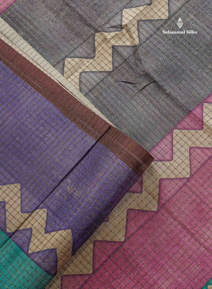 Semi Tussar Saree - MultiColour Body Small Checks With Zig Zag Design & Dark Brown Blouse
