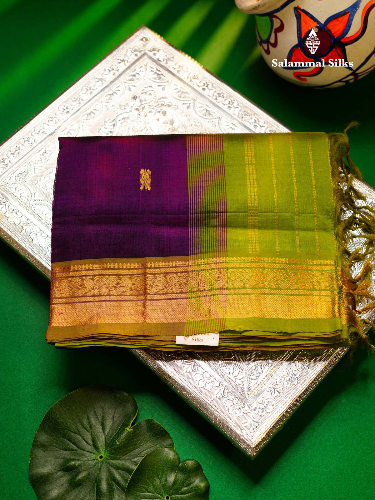 Dark Purple Pure Silk Cotton Saree With Contrast Parrot Green Blouse