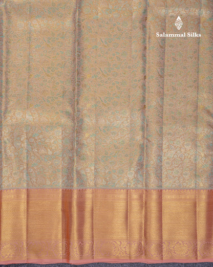 Beautiful Light Peach Tissue Bridal Pure Kanjivaram Silk Saree With Contrast Dark Peach Border