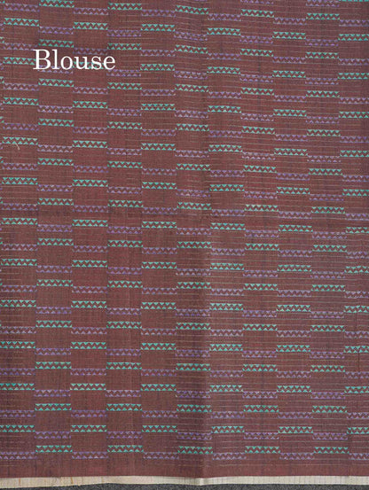 Semi Tussar Saree - MultiColour Body Small Checks With Zig Zag Design & Dark Brown Blouse