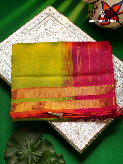 Parrot Green Checks With Butta Pure Silk Cotton Saree With Contrast Magenta Pink Blouse