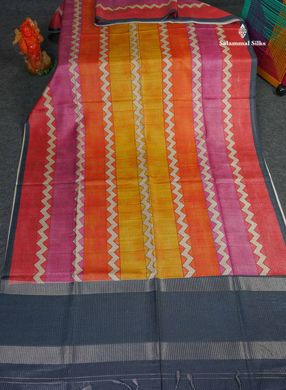 Semi Tussar Saree - MultiColour Body Small Checks With Zig Zag Design & Blueish Grey Blouse 