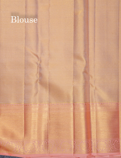 Beautiful Light Peach Tissue Bridal Pure Kanjivaram Silk Saree With Contrast Dark Peach Border