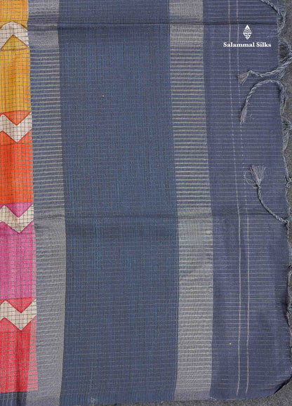 Semi Tussar Saree - MultiColour Body Small Checks With Zig Zag Design & Blueish Grey Blouse