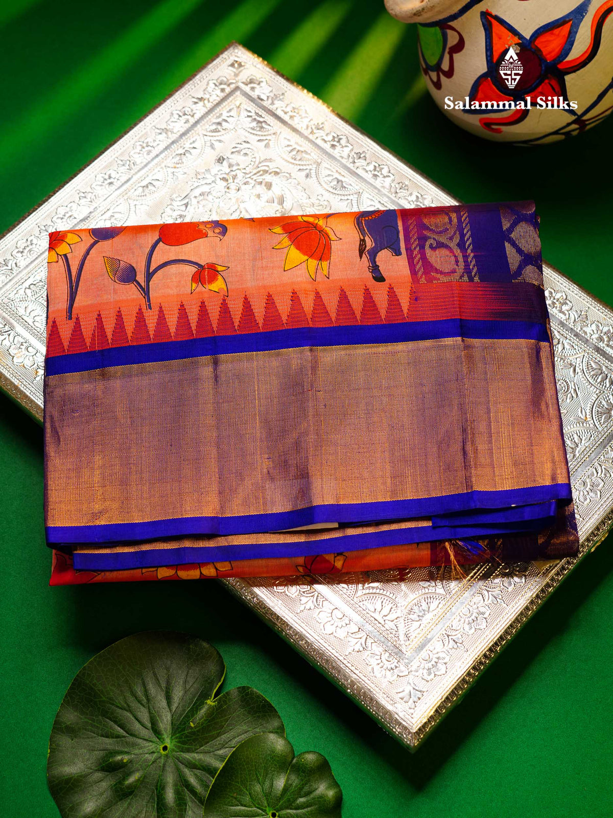 Beautiful Onion Pink Kalamkari Design Pure Silk Cotton Saree With Contrast Violet Border