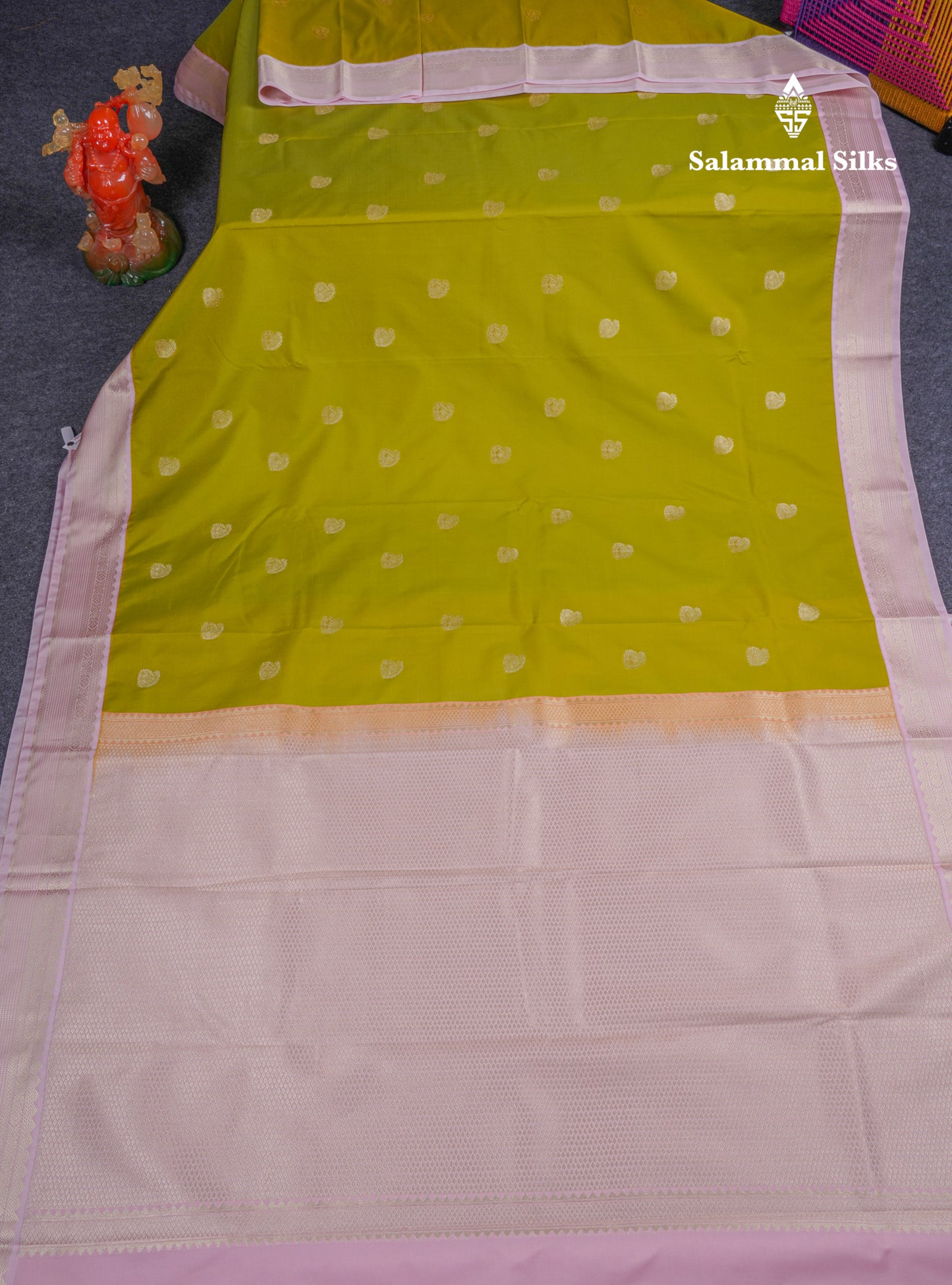 Beautiful Parrot Green Semi Silk Saree With Contrast Baby Pink Medium Border