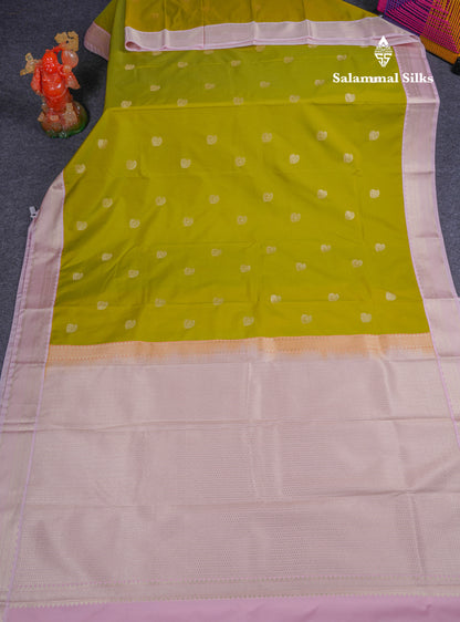Beautiful Parrot Green Semi Silk Saree With Contrast Baby Pink Medium Border