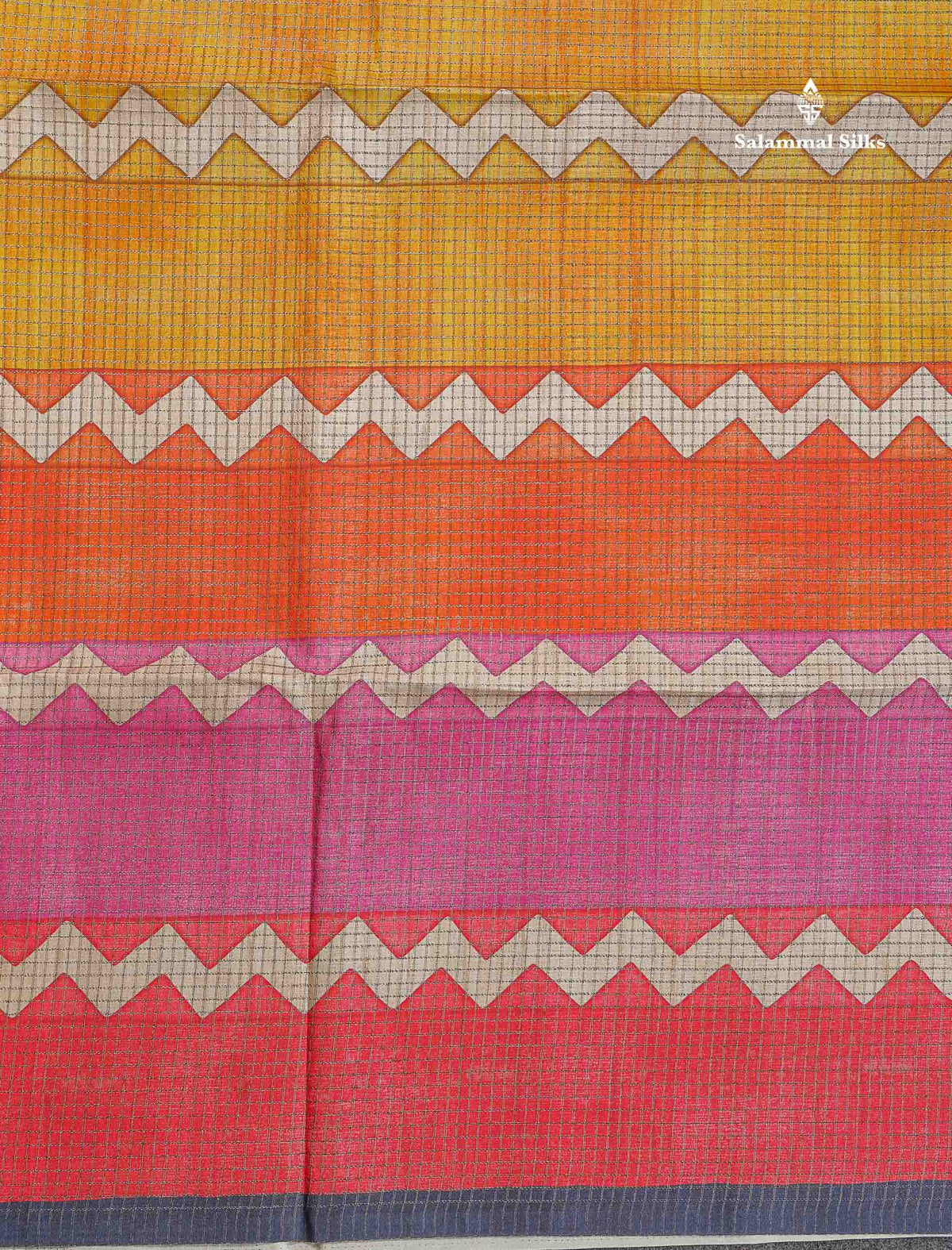 Semi Tussar Saree - MultiColour Body Small Checks With Zig Zag Design & Blueish Grey Blouse