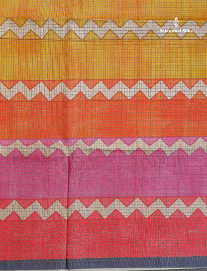 Semi Tussar Saree - MultiColour Body Small Checks With Zig Zag Design & Blueish Grey Blouse