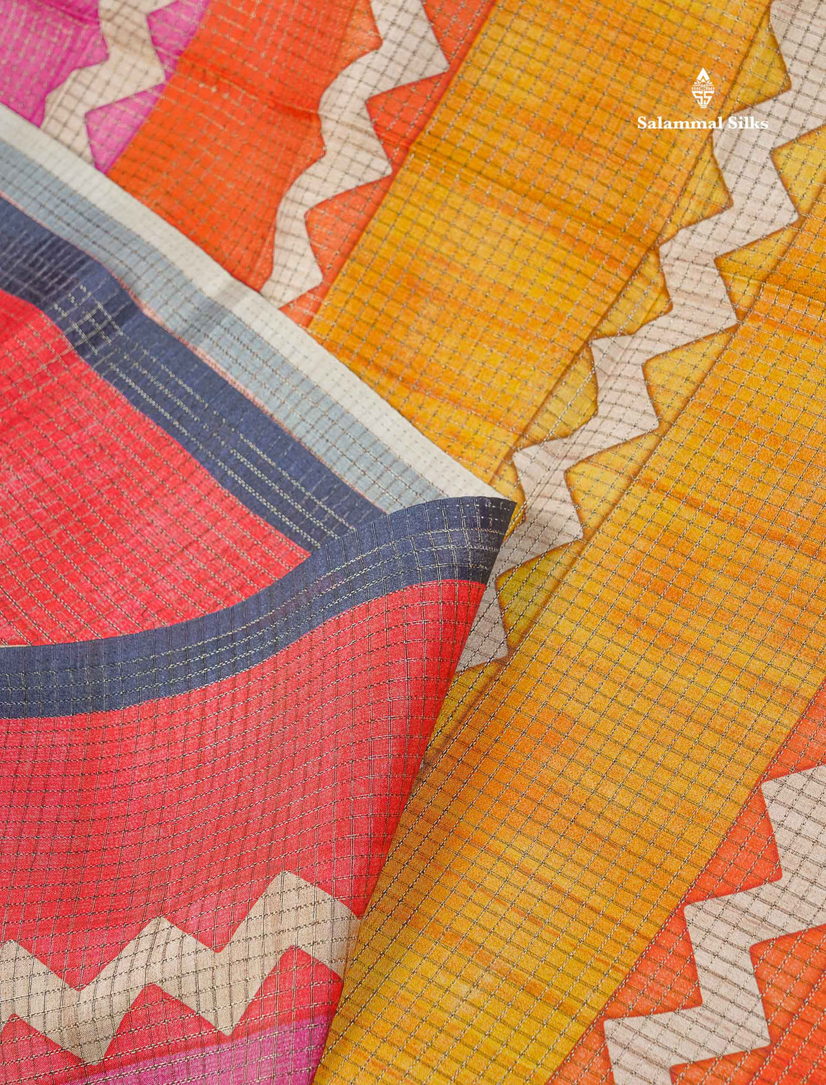 Semi Tussar Saree - MultiColour Body Small Checks With Zig Zag Design & Blueish Grey Blouse