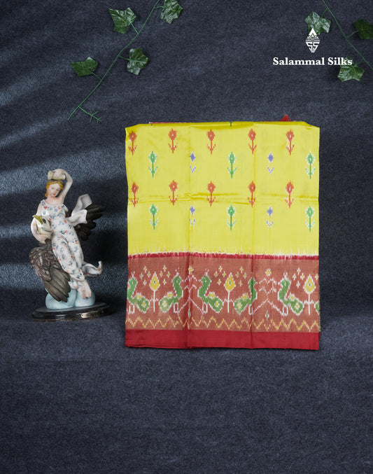 Pure Silk Pattu Pavadai Pochampalli Design (Lemon Yellow) With Contrast Chilly Red Blouse 27"