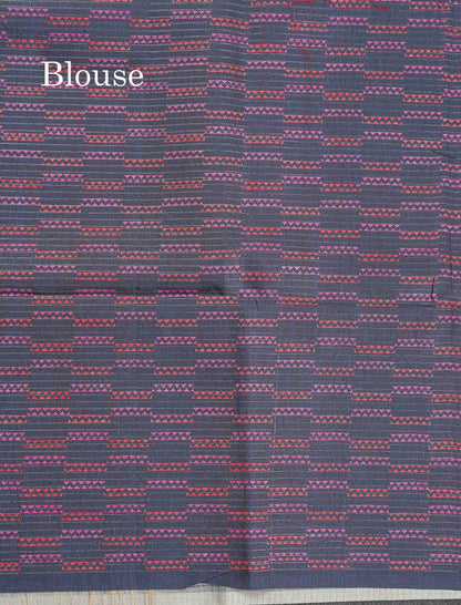 Semi Tussar Saree - MultiColour Body Small Checks With Zig Zag Design & Blueish Grey Blouse