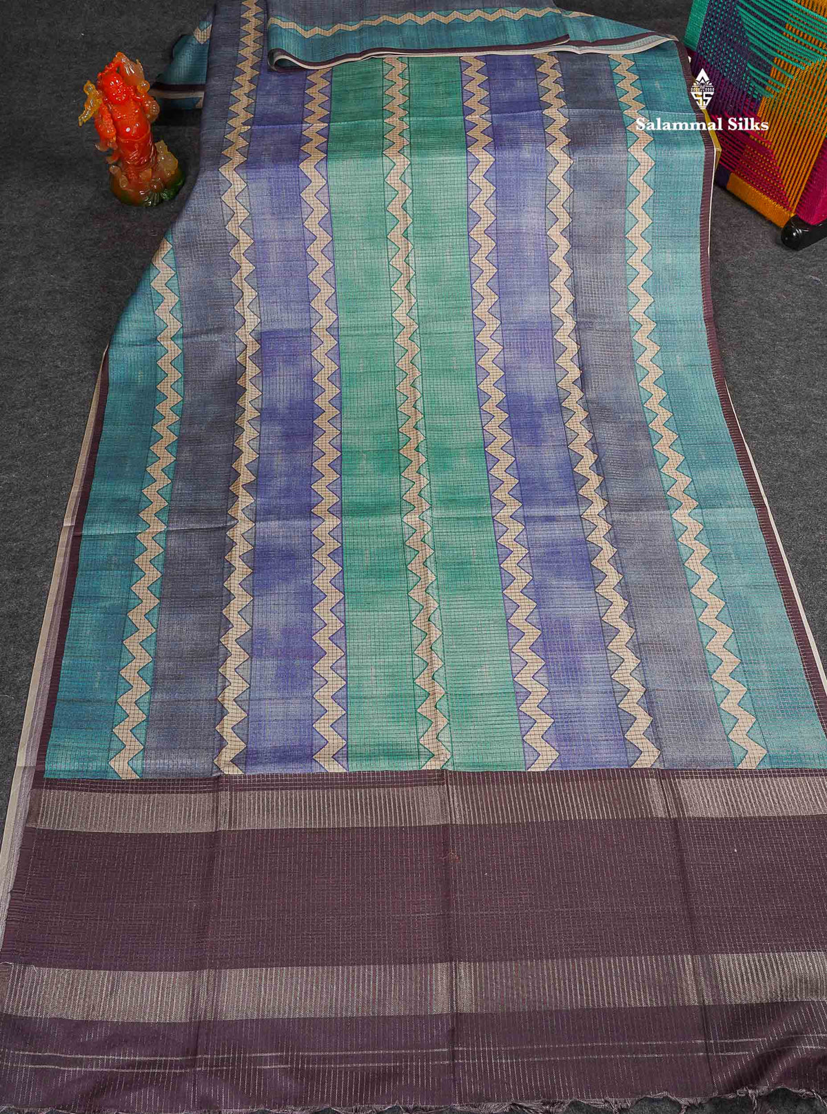 Semi Tussar Saree - MultiColour Body Small Checks With Zig Zag Design & Dual Tone Brown Blouse 