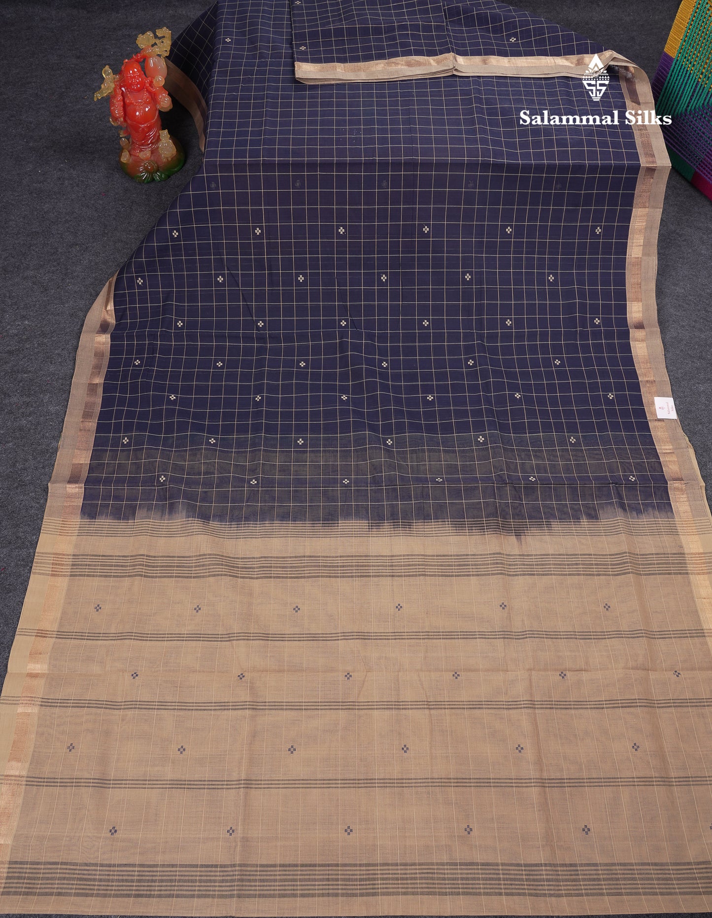 Beautiful Navy Blue Checks And Thread Work Butta Handloom Pure Cotton Saree With Contrast Beige Blouse