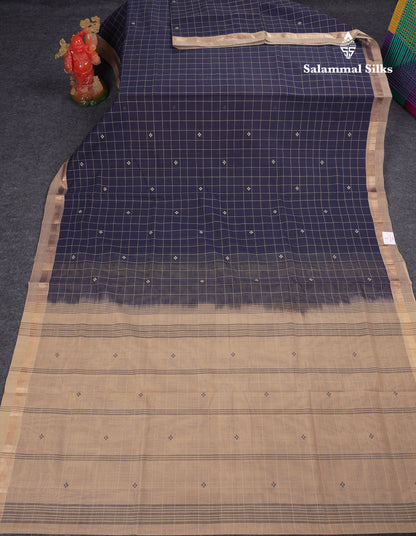 Beautiful Navy Blue Checks And Thread Work Butta Handloom Pure Cotton Saree With Contrast Beige Blouse