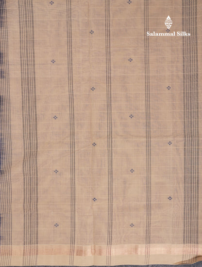 Beautiful Navy Blue Checks And Thread Work Butta Handloom Pure Cotton Saree With Contrast Beige Blouse