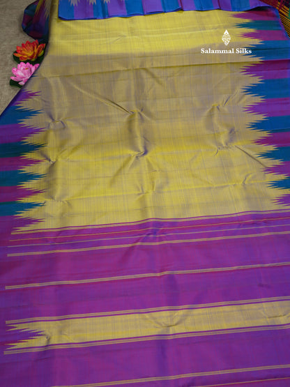 Beautiful Double Shade Pure Kanjivaram Silk Saree With Traditional Multicolour Temple Border