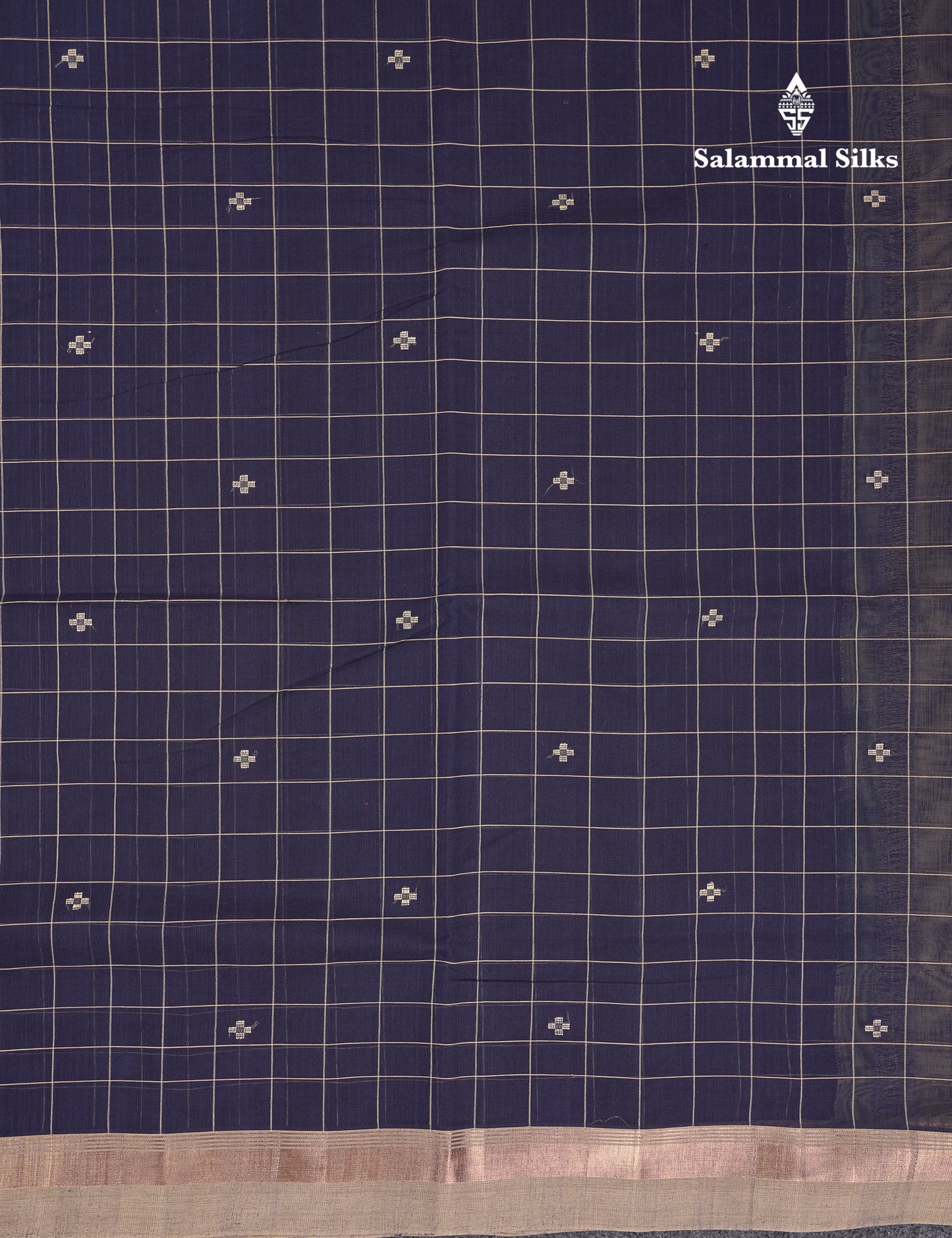 Beautiful Navy Blue Checks And Thread Work Butta Handloom Pure Cotton Saree With Contrast Beige Blouse