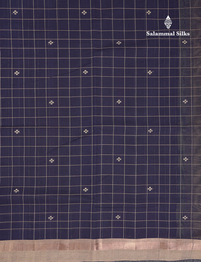 Beautiful Navy Blue Checks And Thread Work Butta Handloom Pure Cotton Saree With Contrast Beige Blouse