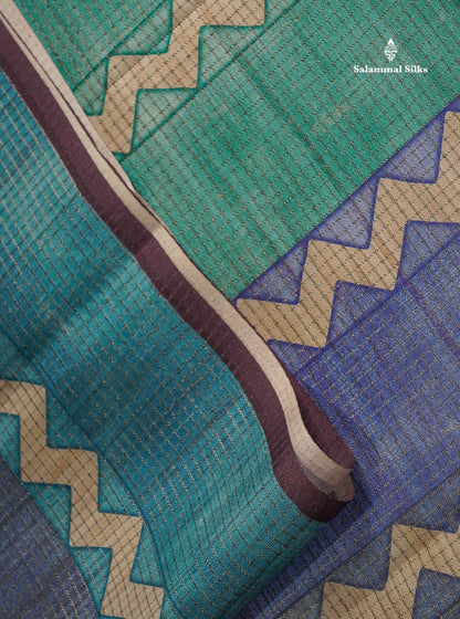 Semi Tussar Saree - MultiColour Body Small Checks With Zig Zag Design & Dual Tone Brown Blouse