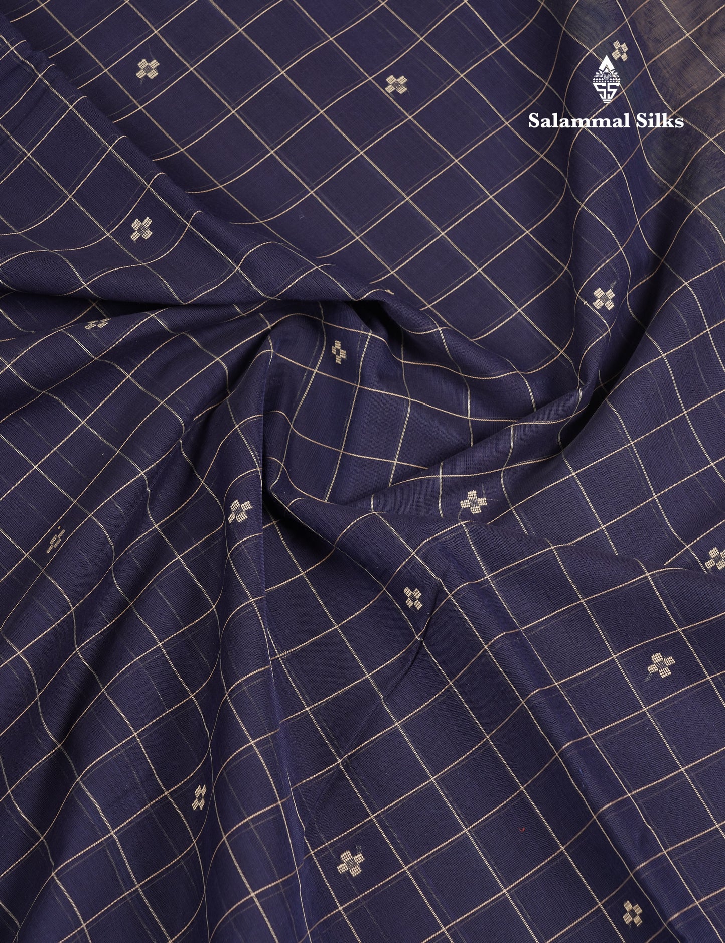 Beautiful Navy Blue Checks And Thread Work Butta Handloom Pure Cotton Saree With Contrast Beige Blouse