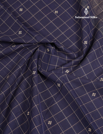 Beautiful Navy Blue Checks And Thread Work Butta Handloom Pure Cotton Saree With Contrast Beige Blouse