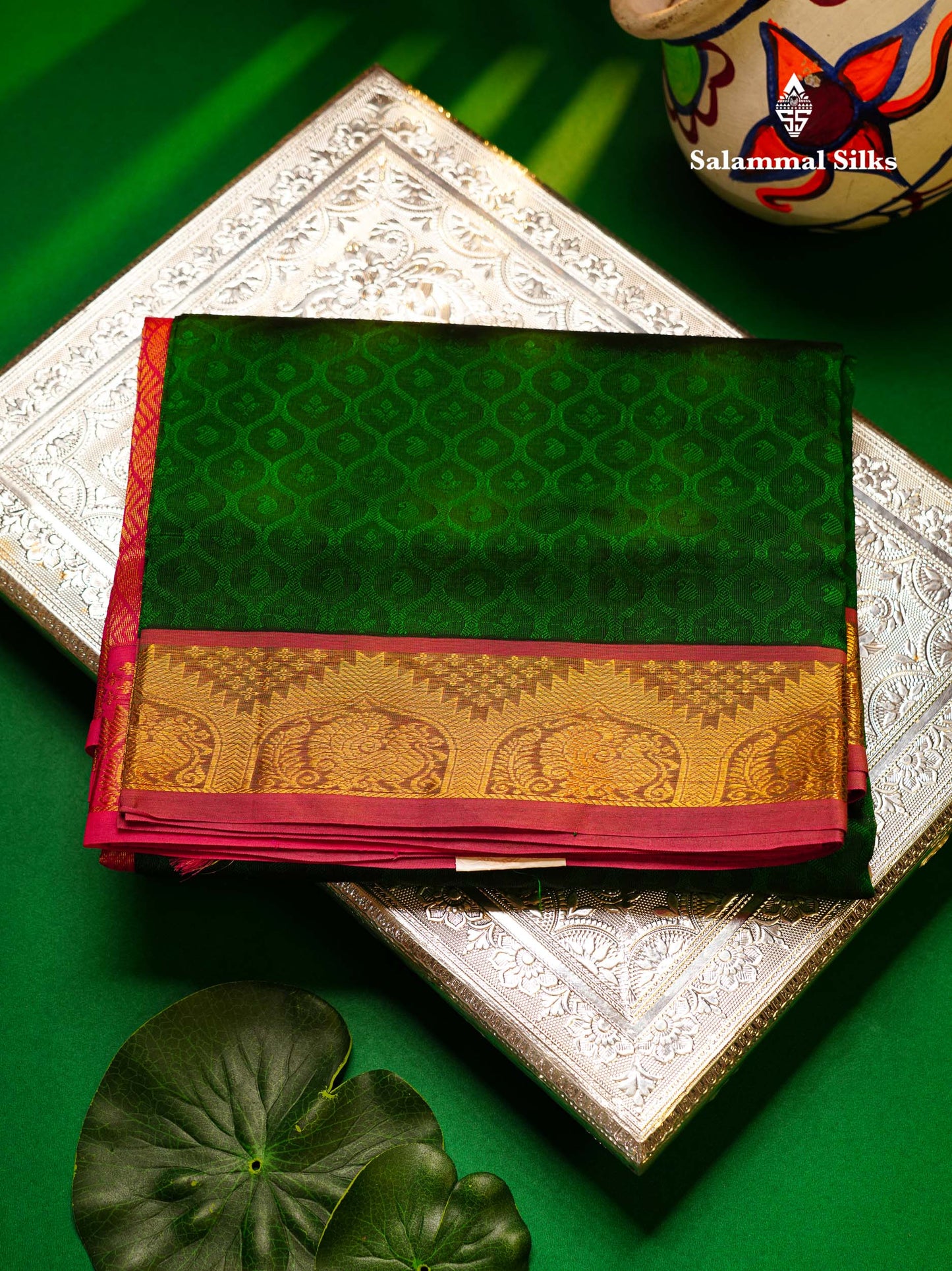 Beautiful Bottle Green Empose Design Pure Silk Cotton Saree With Gold Zari Borer