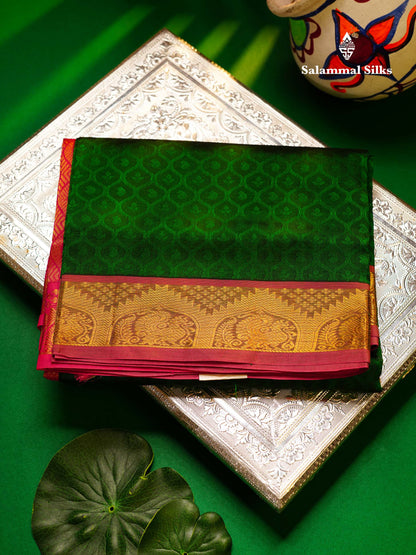 Beautiful Bottle Green Empose Design Pure Silk Cotton Saree With Gold Zari Borer