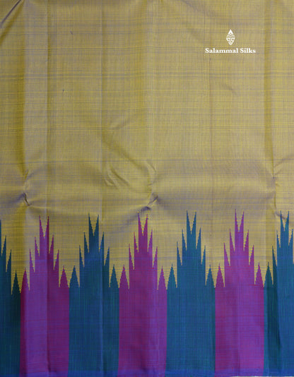 Beautiful Double Shade Pure Kanjivaram Silk Saree With Traditional Multicolour Temple Border