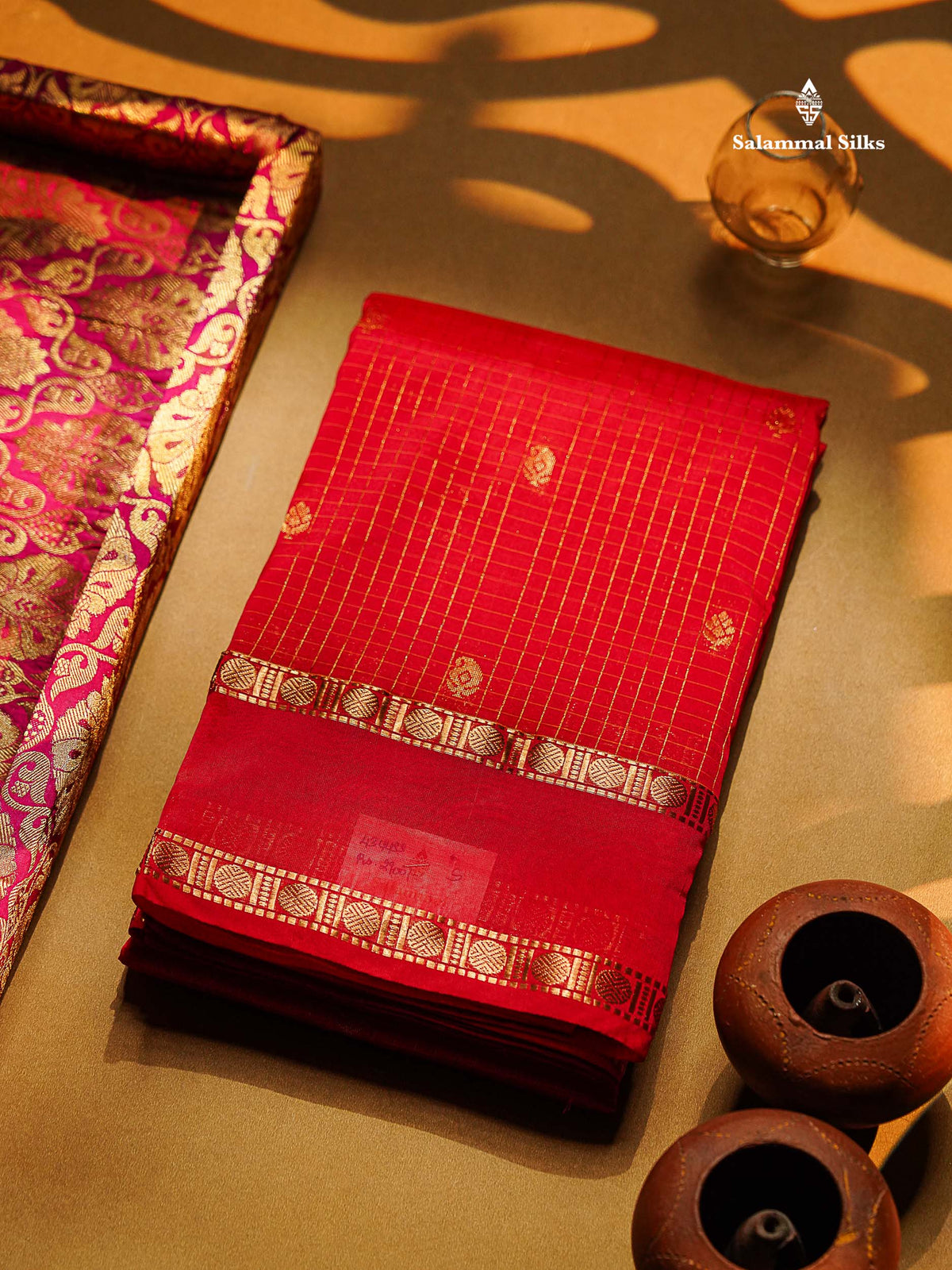 Semi Silk Saree - Orange Colour Body Zari Checks With Butta & Traditional Rettapet Border