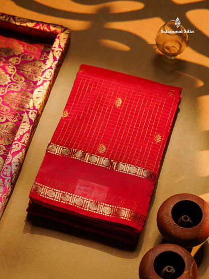 Semi Silk Saree - Orange Colour Body Zari Checks With Butta & Traditional Rettapet Border