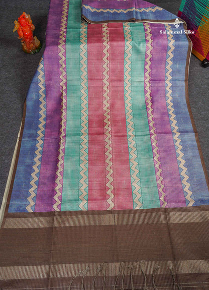 Semi Tussar Saree - MultiColour Body Small Checks With Zig Zag Design & Brown Blouse