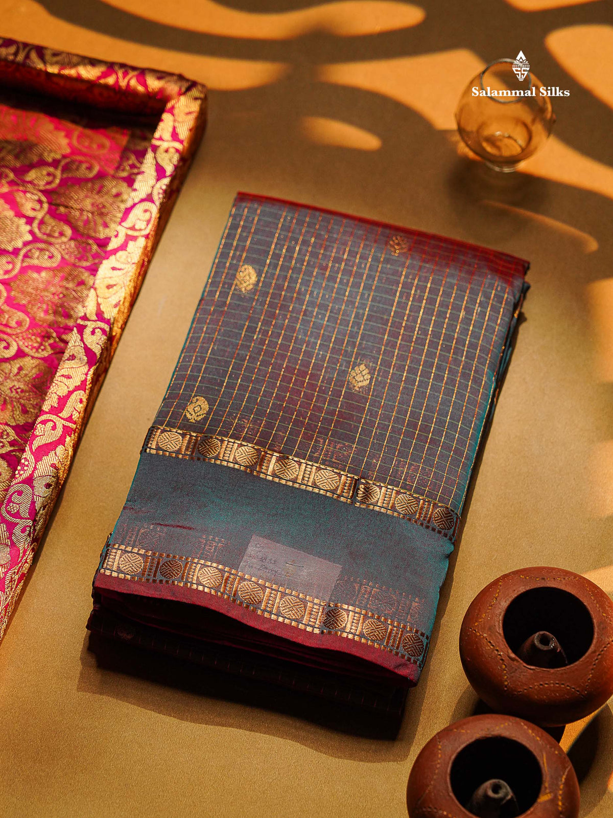 Semi Silk Saree - Orange Colour Body Zari Checks With Butta & Traditional Rettapet Border