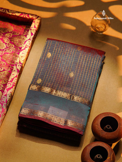 Semi Silk Saree - Orange Colour Body Zari Checks With Butta & Traditional Rettapet Border