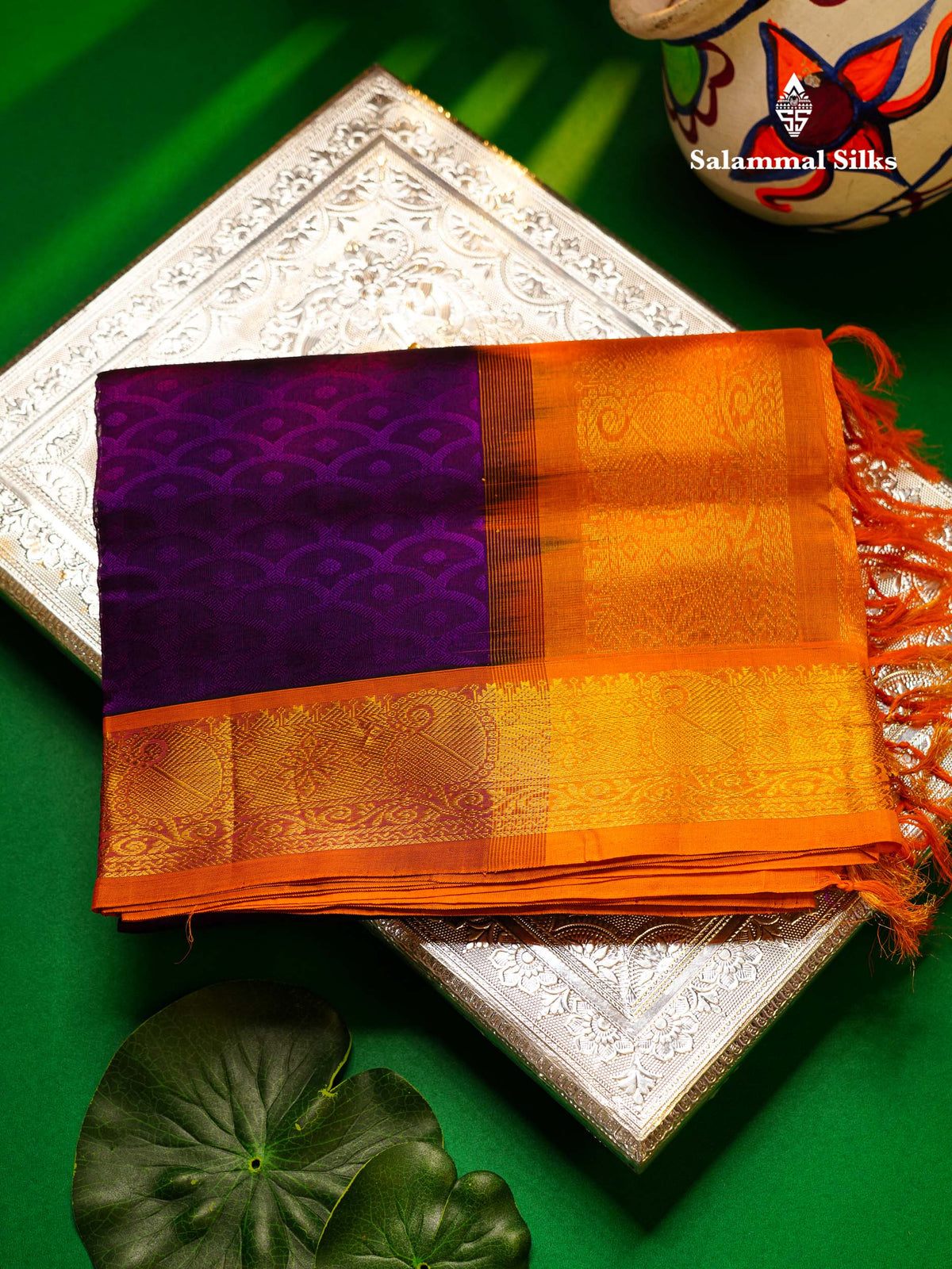 Beautiful Violet Emboss Design Pure Silk Cotton Saree With Gold Zari Border