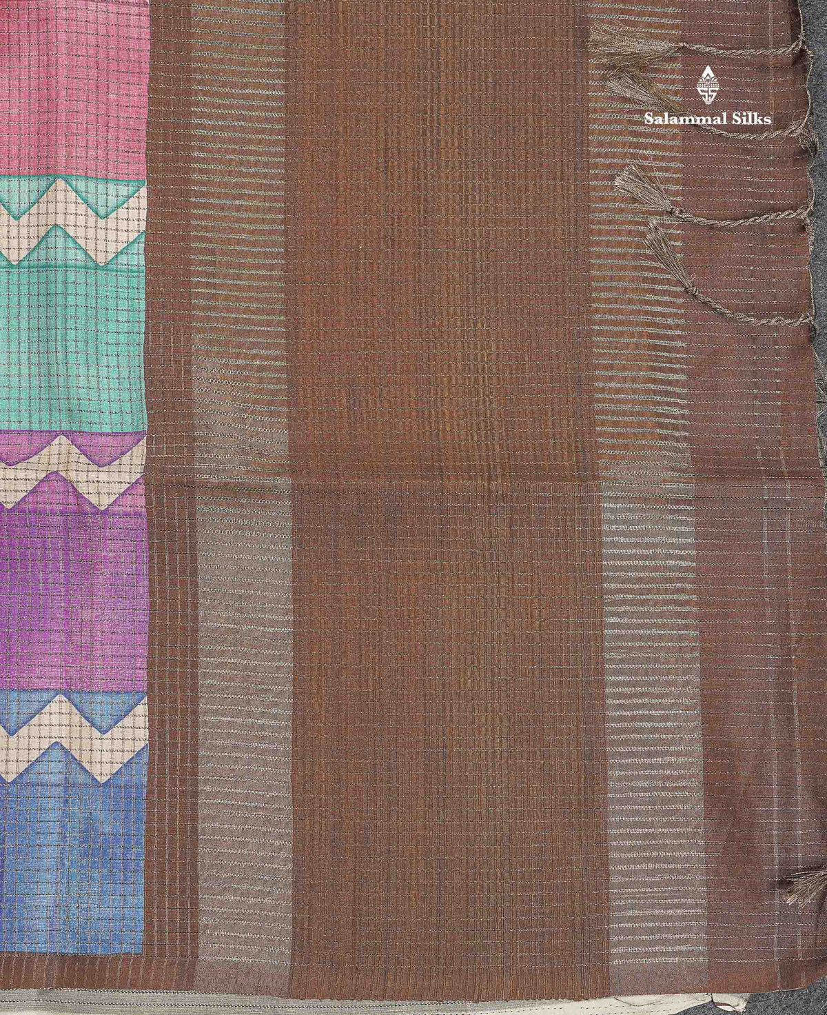 Semi Tussar Saree - MultiColour Body Small Checks With Zig Zag Design & Brown Blouse