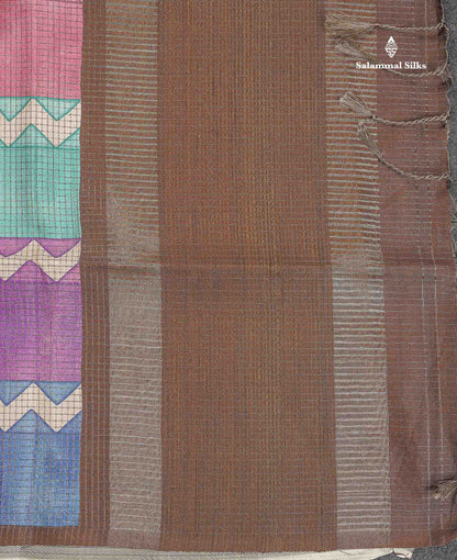 Semi Tussar Saree - MultiColour Body Small Checks With Zig Zag Design & Brown Blouse