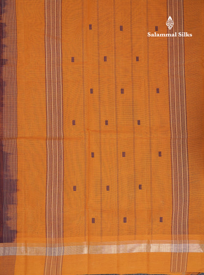 Beautiful Dark Purple Thread Work Butta Handloom Pure Cotton Saree With Contrast Mustard Yellow Blouse