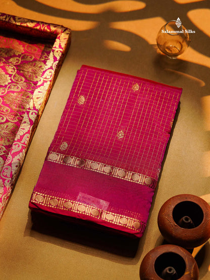 Semi Silk Saree - Orange Colour Body Zari Checks With Butta & Traditional Rettapet Border
