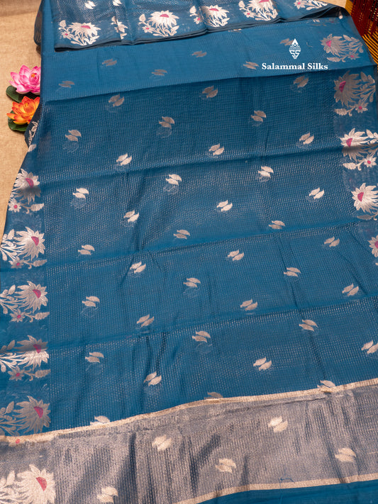 Beautiful Ramar Blue Resh Cotton Silver Zari Lines  Saree With Fancy Meena Work Border