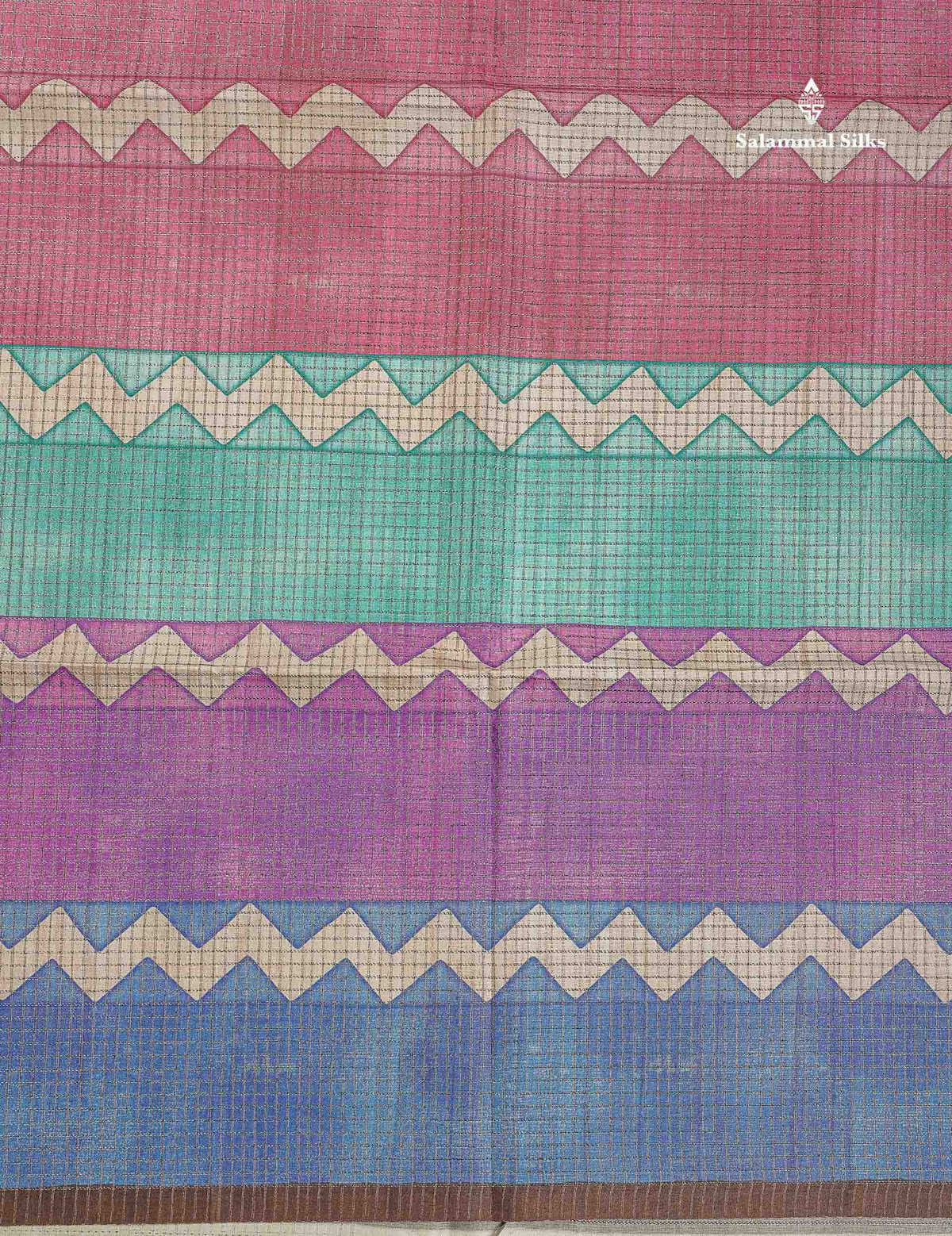 Semi Tussar Saree - MultiColour Body Small Checks With Zig Zag Design & Brown Blouse