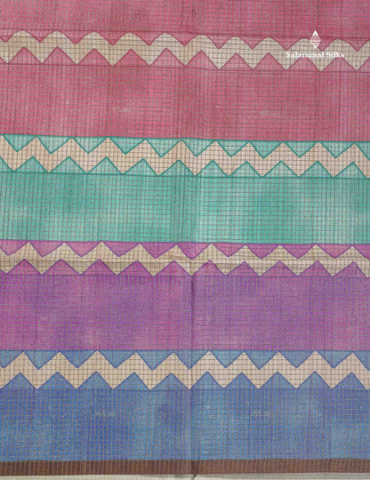 Semi Tussar Saree - MultiColour Body Small Checks With Zig Zag Design & Brown Blouse