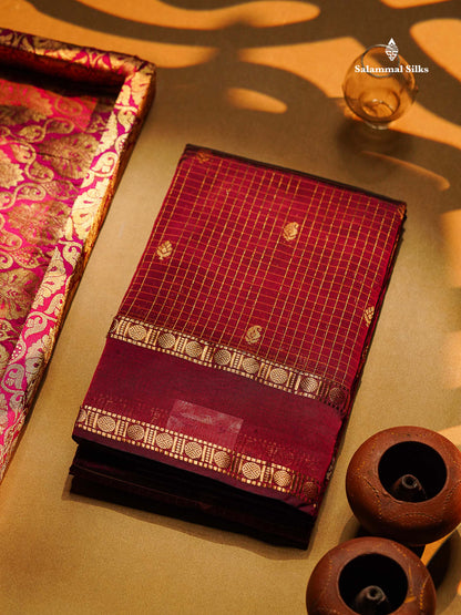 Semi Silk Saree - Orange Colour Body Zari Checks With Butta & Traditional Rettapet Border