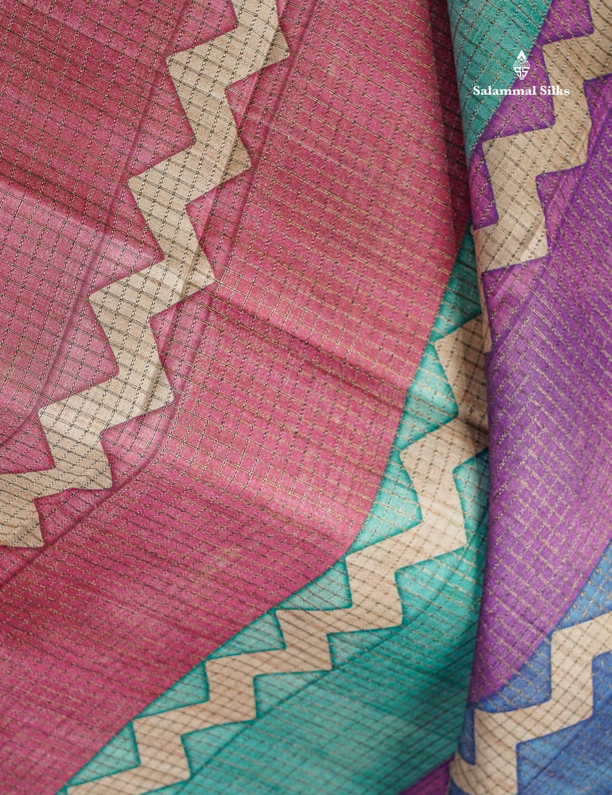 Semi Tussar Saree - MultiColour Body Small Checks With Zig Zag Design & Brown Blouse