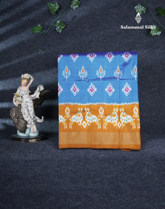 Pure Silk Pattu Pavadai Pochampalli Design (Blue) With Contrast Mustard Yellow Blouse 27"