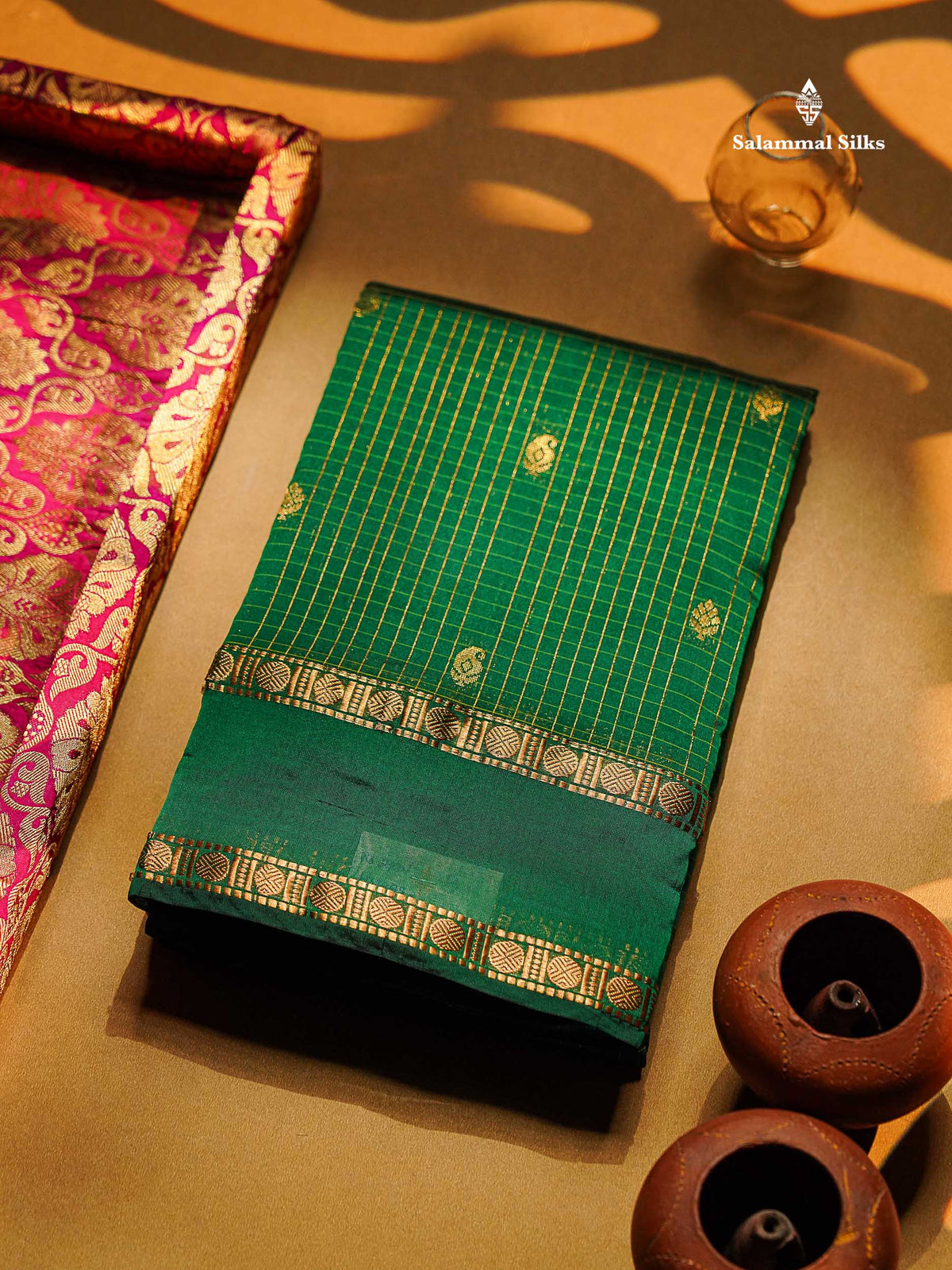 Semi Silk Saree - Orange Colour Body Zari Checks With Butta & Traditional Rettapet Border