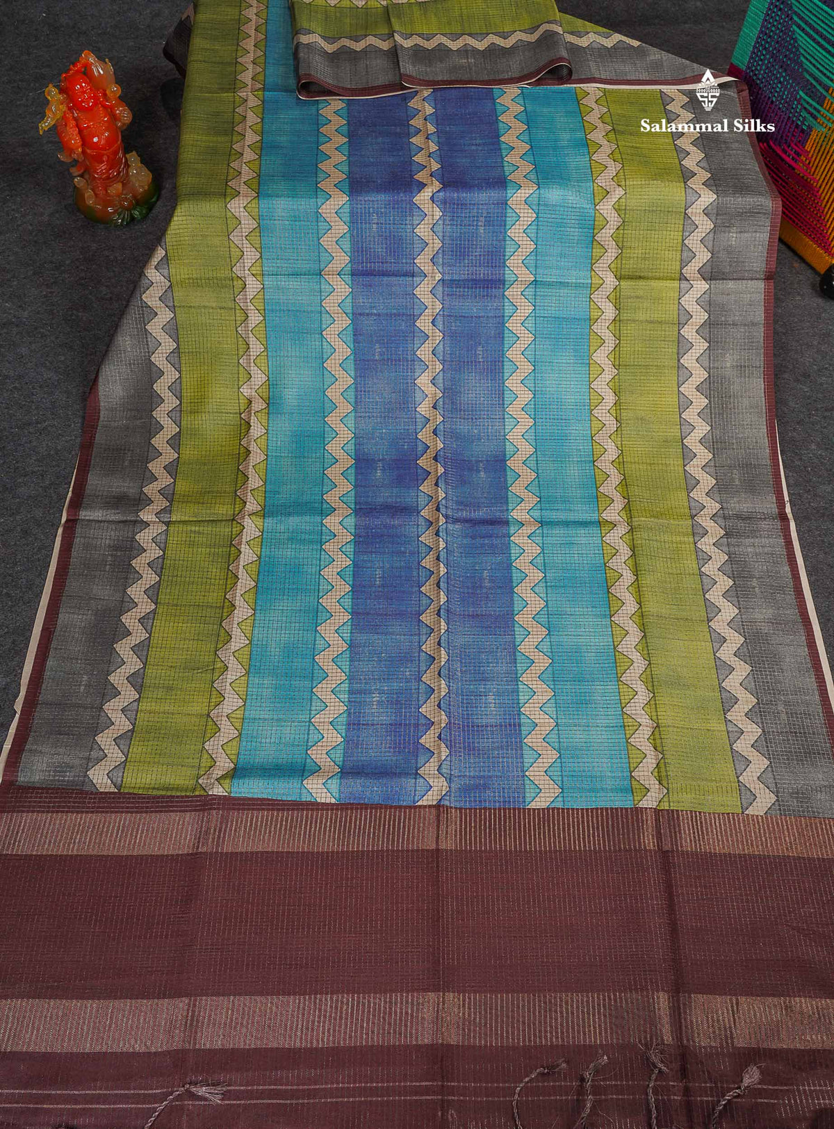 Semi Tussar Saree - MultiColour Body Small Checks With Zig Zag Design & Dark Brown Blouse 
