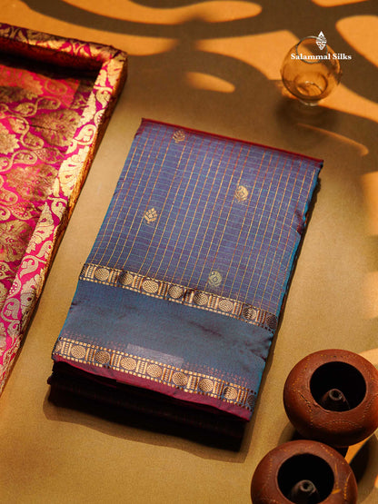 Semi Silk Saree - Orange Colour Body Zari Checks With Butta & Traditional Rettapet Border