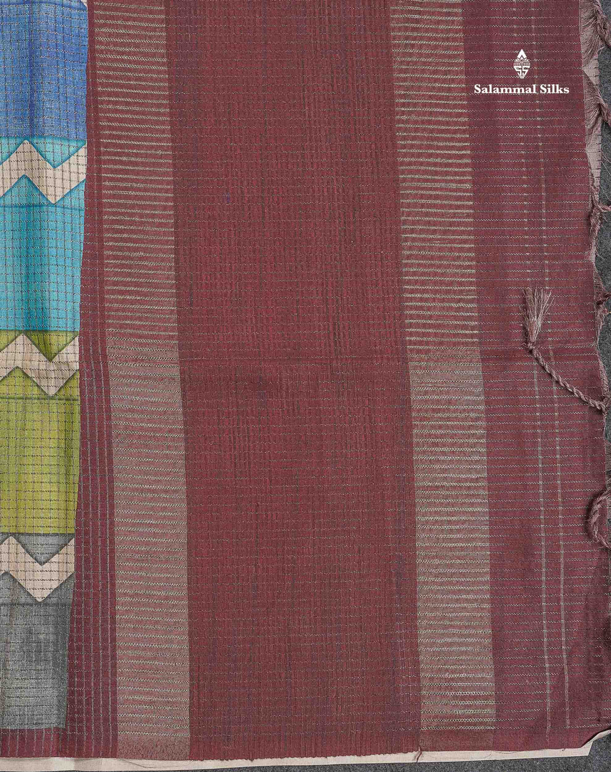 Semi Tussar Saree - MultiColour Body Small Checks With Zig Zag Design & Dark Brown Blouse